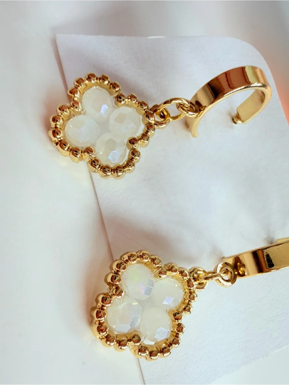 Gold Clover Drop Earrings with Opalescent Stones